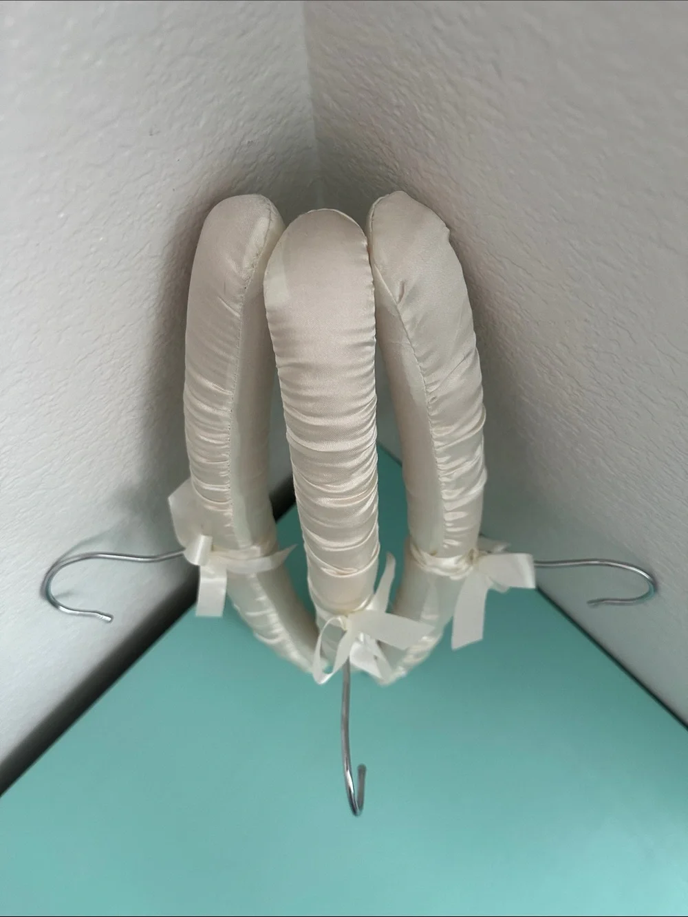 Satin padded heavy duty hangers-set of 3ct.-glossy ivory color & silver hook-new